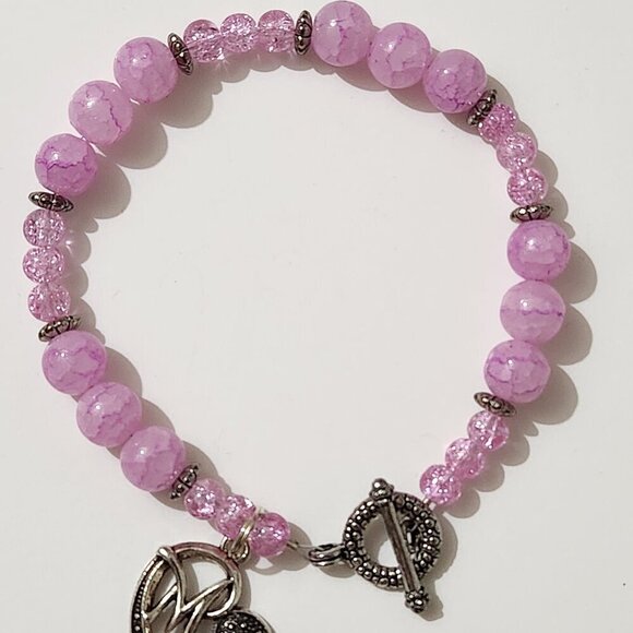 Hand Crafted Bracelet Mom Charm Lavender Quartz Crackle Beads Silver Clasp 10" - Picture 3 of 6